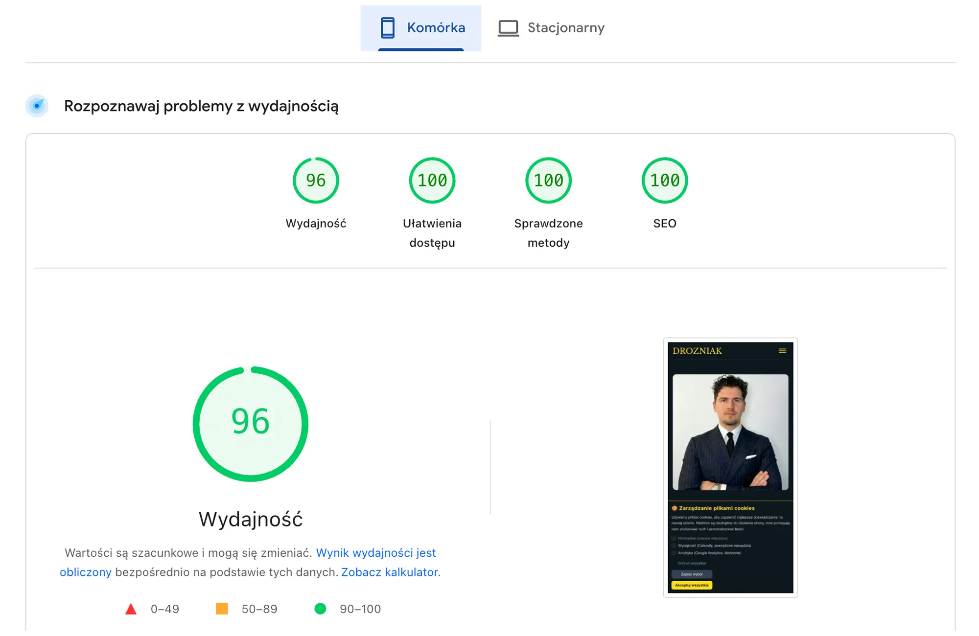 Zrzut ekranu z PageSpeed Insights – wyniki wydajności strony (mobile): szybkość, Core Web Vitals, optymalizacja